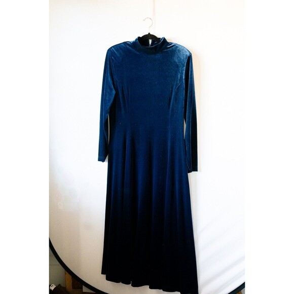 Coldwater Creek L Velvet velour blue long sleeve modest long maxi dress holiday - Picture 1 of 5